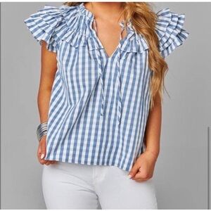 Buddy Love Carla Gingham Blue Ruffle Sleeve Blouse (M)